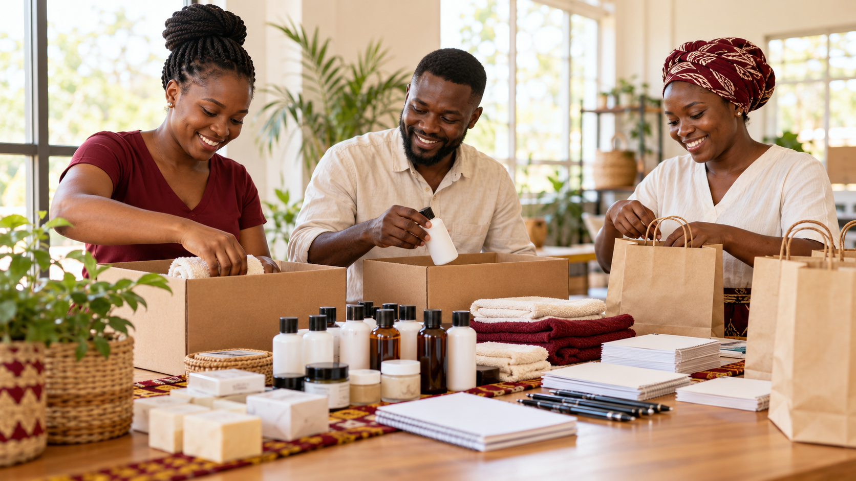 Illustrative scene of community volunteers preparing care packages together
